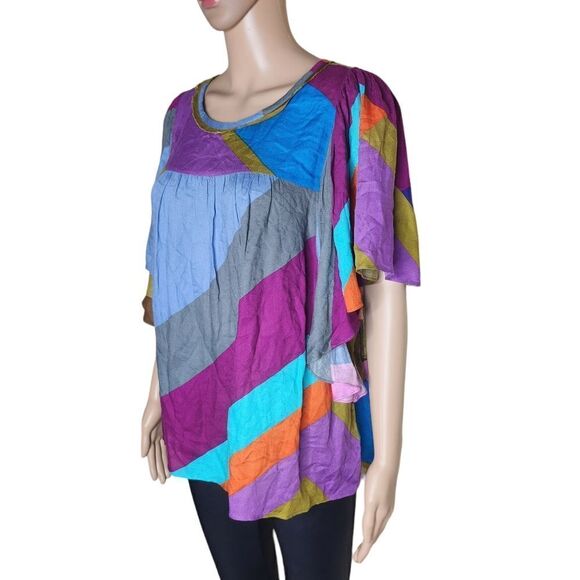 Hichè women's colorful size Large colorblock flutter sleeve casual blouse - Picture 2 of 7